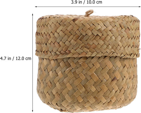 Housoutil Small Handwoven Seagrass Woven Basket with Lid, Natural Storage Box for Flower Pot, Garbage Can, Desktop