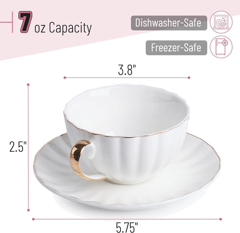 7 oz Set 6, Set BTaT- Cappuccino Cups with Saucers with Gift Box, of White Porcelain Coffee Cup and Saucer for Latte