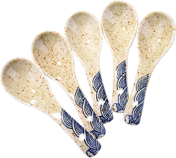 Asian Soup Spoons Set of 5, Ceramic Ramen Spoons, Perfect for Dumplings, Pho, Noodles, Dishwasher Safe