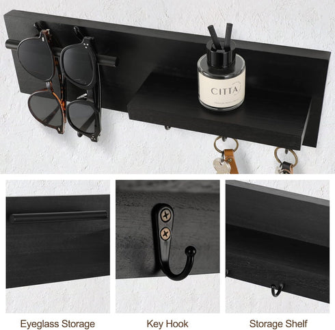 Decorative Key Holder for Wall, Entryway Shelf with Hooks, Key Hanger with 3 Hooks, Organizes Keys, Dog Leash,