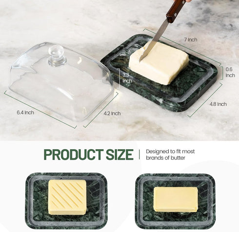 Countertop Koville Green Marble Butter Dish with Glass Lid for and Refrigerator Door Shelf, Green Marble Butter Keeper