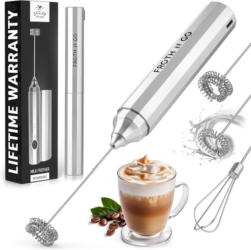 Zulay Rechargeable Froth N Go Milk Frother - 3-in-1 Wand with Case & USB-C Charger, 3 Whisk Attachments, Silver