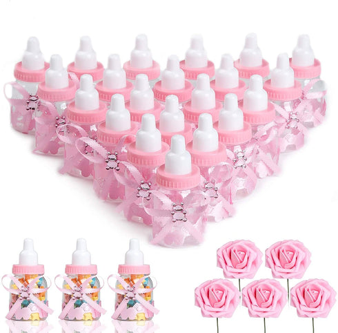 MACTING 2 Dozens Candy Box with 5 Pcs Artificial Flower Rose, 3.5 Inch Feeding Bottle for Baby Shower Favor Gift