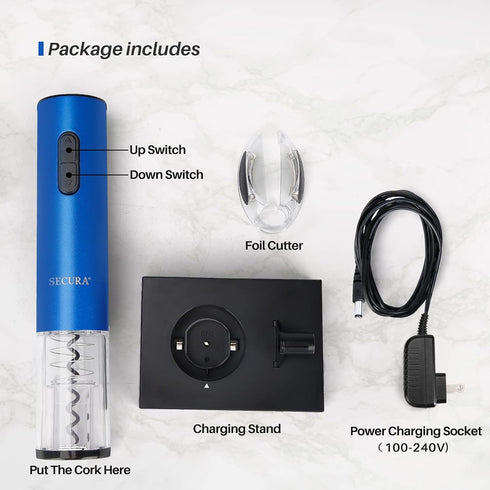 Secura Electric Wine Opener, Automatic Corkscrew with Foil Cutter, Rechargeable (Blue)