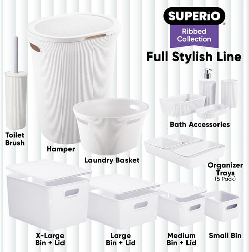 Superio Ribbed Collection - Decorative Plastic Open Home Storage Bins, Medium White (4 Pack) Container Boxes for