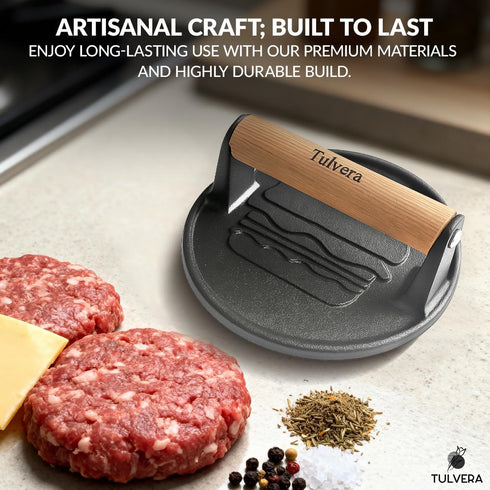 6.1 Smash Burger Press | Cast Iron Hamburger Smasher Tool | Flat-Edge Meat Press for Hamburgers, Bacon, Outdoor Kitchen