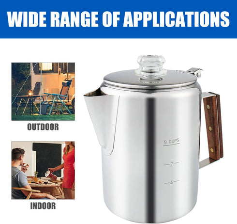 Camping Coffee Pot 9 Cups, Stainless Steel Coffee Percolator with Clear Top Glass Knob for Stovetop or Campfire Brewing