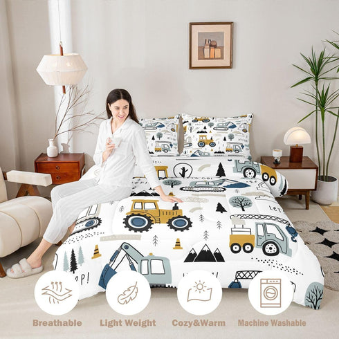 Set Set Set Set 3Pcs Feelyou Cartoon Car Kids Comforter Construction Bedding for Boys Toddler Decor Equipment Trucks