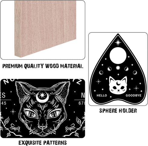 CREATCABIN Black Cat Wood Spirit Board, Talking Boards with Planchette, Wooden Dowsing Divination Kit for Wicca