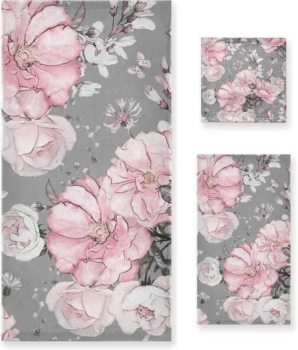 ALAZA Pink Flowers Roses and Leaves on Gray Towel Bathroom Sets 3