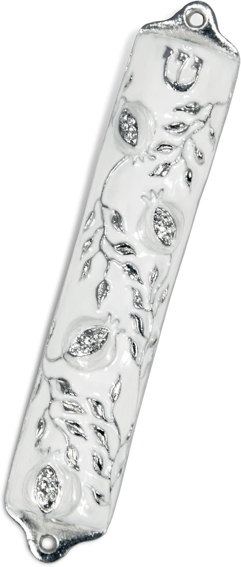Mezuzah Case - Pomegranate Tree Design Crafted in Pewter, Jerusalem Judaica Door Mezuza Case, 4" White Wedding Color