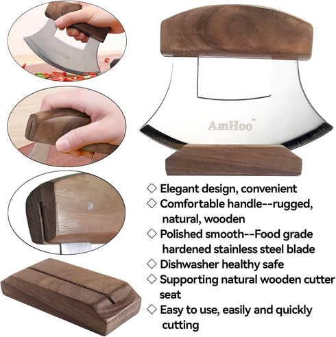 AmHoo Pizza Cutter Chef Mezzaluna Ulu Knife Handle Walnut Wood Grip Sharp Rocker Slicer Stainless Steel Blade Salad
