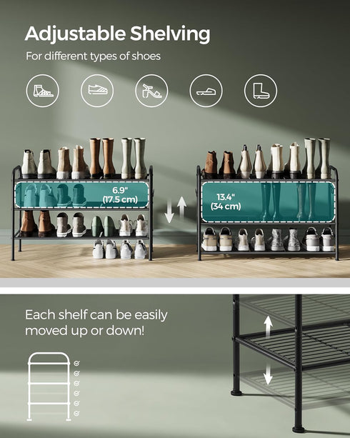 3-Tier 4 16 Closet, ULMR138B01 SONGMICS Shoe Rack, Shoe Organizer, Metal Shoe Shelf Storage with Side Hooks, Holds