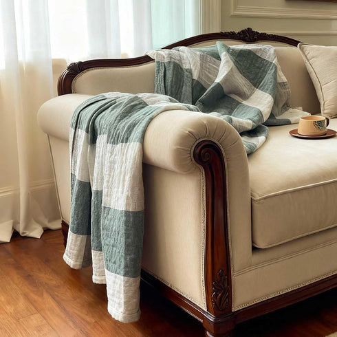 4-Layer 100% Checkered80 90" Muslin Cotton Blanket, Fluffy Breathable Soft Bed Blankets for Couch, Adults Lightweight