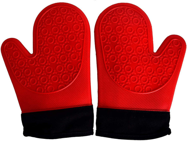 2PCS Red Black Extra Large Silicone Oven Mitts and Pot Holders - Heat Resistant Gloves for Cooking