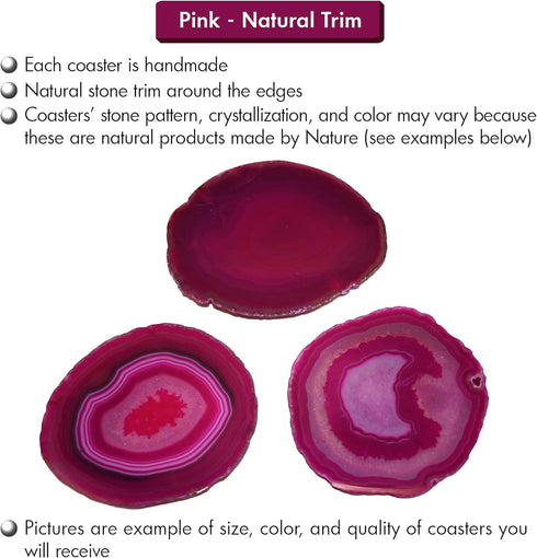 Set 4, 3.5-4" Nature's Decorations Pink Agate Stone Coasters - of Polished Geode Drink Mats for Dining & Coffee Table