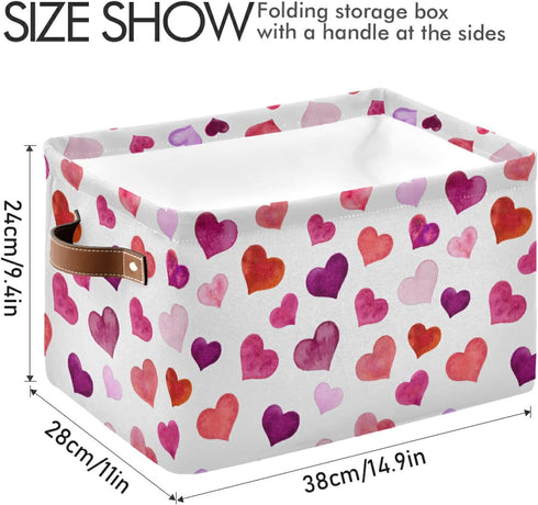 senya Valentines Storage Basket, Large Foldable Storage Basket with Handles, Pink Love Hearts Fabric Organizer Bag for