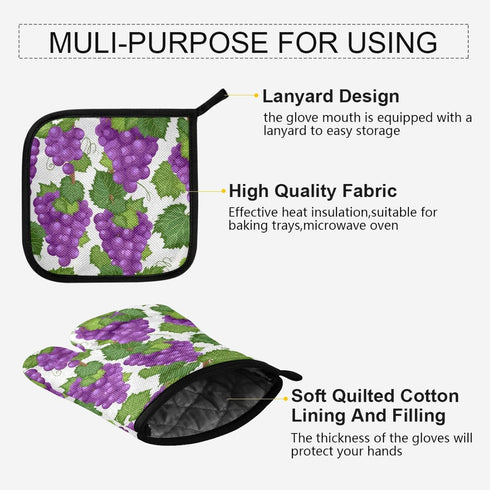 Purple Grape Vine Potholders and Oven Mitts, Non-Slip Heat Resistant Sets for Kitchens and Baking