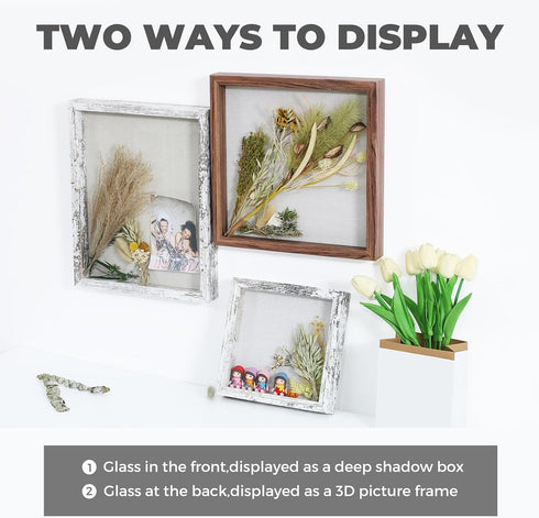 Muzilife 8x8 Shadow Box Picture Frame with Linen Board - Deep Wood & Glass Display Case for Memories (Black)