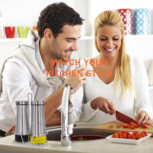 Set 2 Pack Aelga Oil And Vinegar Dispenser with Caddy - Oil Dispenser Bottle for Kitchen with No-Drip - Kitchen Decor