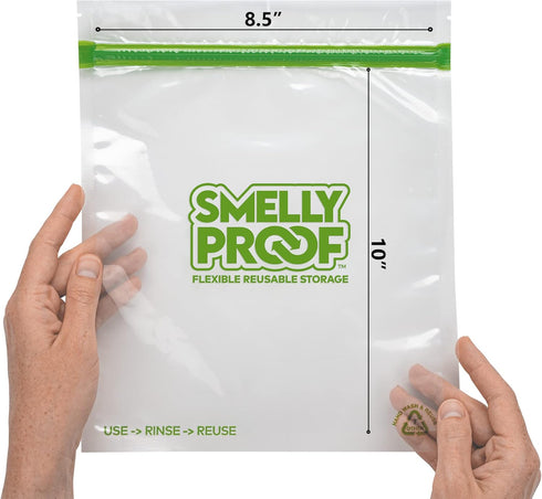 Smelly Proof Reusable Food Storage Bags, Clear FLAT Large 3-mil Thick, 8.5" x 10", Quart Size Ziplock Bags, 10-Pack