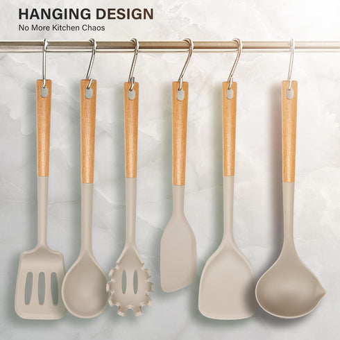 Hvygss 6Pcs Large Silicone Cooking Utensils Set: Heat Resistant Non-Stick with Wooden Handle