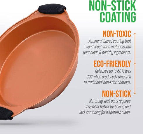 NutriChef Non Stick Round Cake Pan, 9.7 Inch Commercial Grade Metal Bakeware with Silicone Handles
