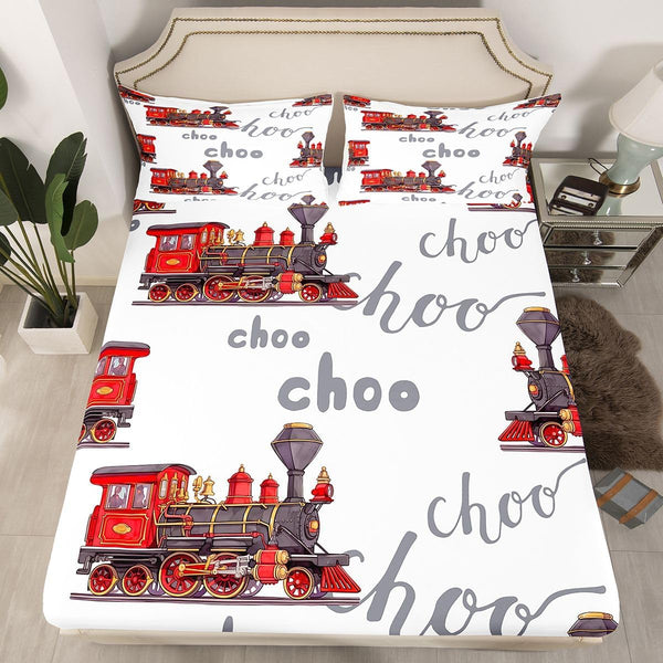 Cartoon Car Bed Sheet Set Kids Train Fitted Sheet Boys Girls Choo-Choo