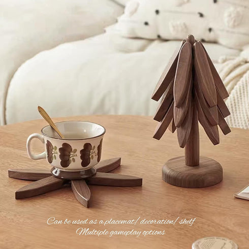 DEOLD Set, Set 4 Wooden Placemats - Tree Washer Wooden Pinwheel Coaster with Stand for Easy Storage - for Fondue pots