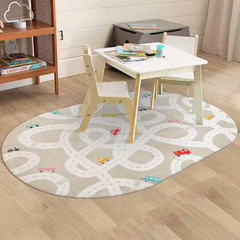 4'x6' STARUIA Large Kids Rug for Playroom, Washable Road Rug for Nursery, Non-Slip Car Rugs for Boys Room, Tan Traffic