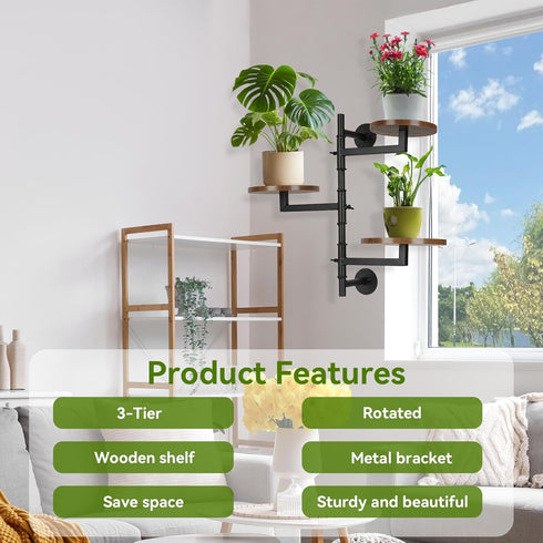 3 180 Wooden Rotatable Window Sill Plant Stand, Tier Wall Plant Holder, Degree Rotating Plant Rack, Mid-Century Wooden