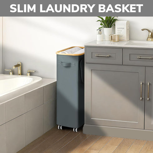 75L 17" 9.8" 29.5", Goodpick Slim Laundry Basket with Wheels and Lid, Rolling Dirty Clothes Hamper for Dorm Bathroom