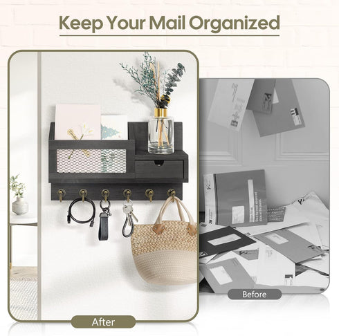 Key and Mail Holder for Wall, Wall Mount Mail Organizer with 6 Hooks and Storage Drawer, Key Rack (B-Black)