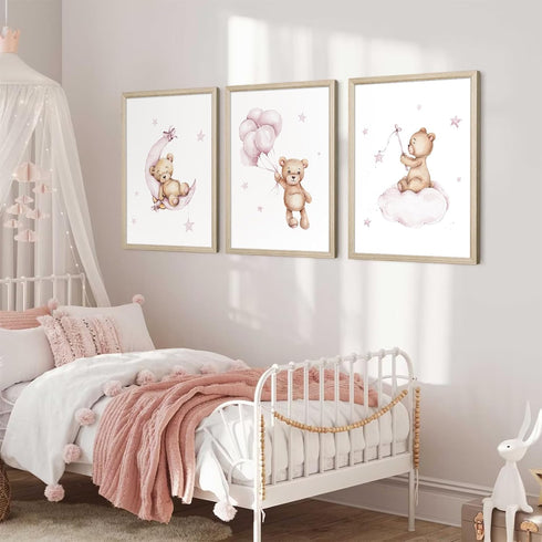 Baccone 12x16x3 Inch Bear Nursery Wall Art Decor Teddy Bear Wall Art Baby Girl Canvas Wall Decor Pink Pictures Balloon