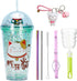 Lucky Cat Travel Mug with Straw, Blue Drinking Cup with Strap for Picnic Party Birthday (Lucky Cat Green, 430 ml)