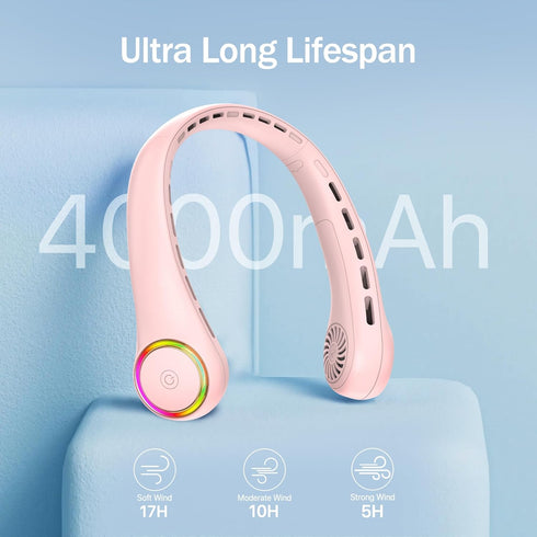Portable Neck Fan - 4000mAh Air Conditioner with 5-17H Lifespan, 3 Adjustable Speeds, 64 Cool Lights (Pink)