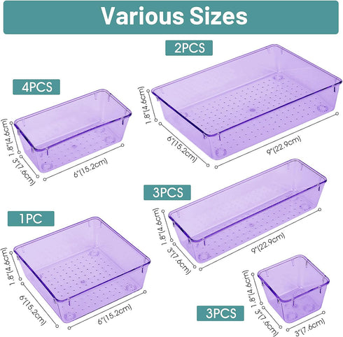 WOWBOX 13 PCS Plastic Drawer Organizer Set, Desk Drawer Divider Organizers and Storage Bins for Makeup, Jewelry, Gadgets for Kitchen, Bedroom, Bathroom, Office, Purple