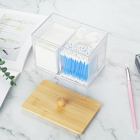 Wood Lid Qtip Holder - Clear Bathroom Cotton Ball Canister for Cotton Swabs, Dental Floss, Hair Bands for Vanity