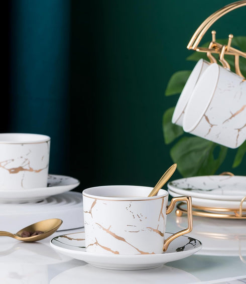 4- 7OZ -TCS26 4) Jusalpha Serve of Hand Printed Golden Matte Ceramic Marble Tea Coffee/Tea Cups with Spoons and Cup