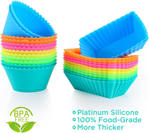 IPOW 24 Pack Reusable Silicone Cupcake Baking Cups, Food-Grade BPA Free Non-Stick Muffin Liners, 2 Shapes Round