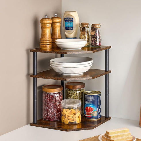 3-Tier Countertop Counter Counter Wooden Corner Shelf, Kitchen Dish & Bread Organizer Stand Storage for Desktop Bedroom