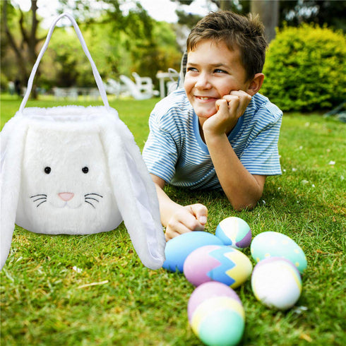 XinblueCo Plush Easter Bunny Basket with Long Ears, Personalized Egg Hunting Tote Bags for Easter Decorations