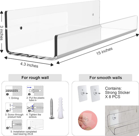 Mavachou 15 inch Display,6pcs 5MM Clear Acrylic Floating Wall Ledge Shelf Wall Mounted Nursery Kids Bookshelf Invisible