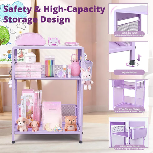 19in 3-Tier 3 ECOLOVI Kids Nightstand High for Floor Beds, Metal Small Bedside Table with Adjustable Storage Shelf
