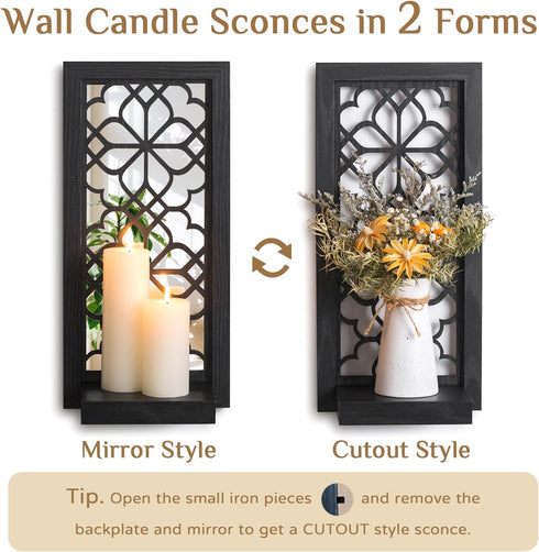Black Candle Sconces Wall Decor - Gothic Wood Candle Shelves Decor for Plant Display - Halloween Wall Candle Holder