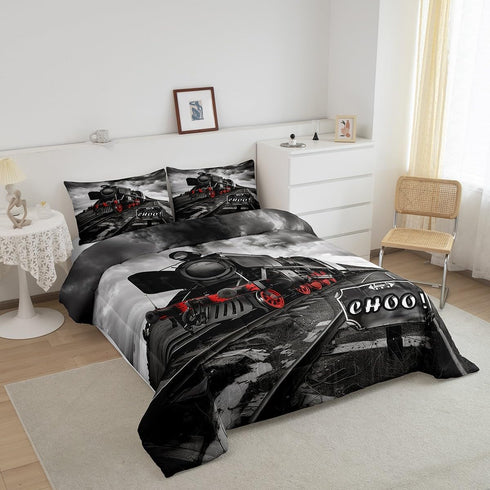 Set Set Set 3D Insert,1 Retro Train Comforter Twin Size,Black Red Old Train Car Bedding Rail Transportation Vehicles