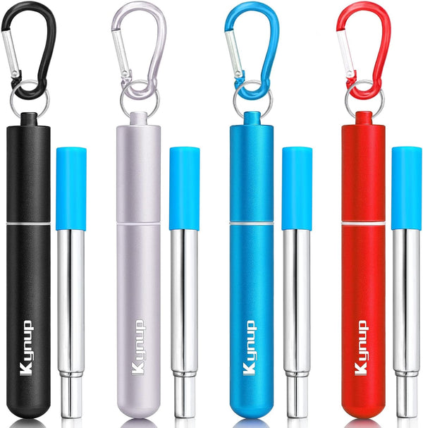 Kynup 4 Packs Reusable Metal Straws with Silicone, Travel Drinking Straws with Case, Keychain, Cleaning Brushes, 20 PCS