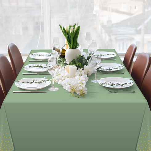 1 Pack 54"x108" FunnyPars Sage Green and Gold Plastic Tablecloth, Green Disposable Table Cloth for Rectangle Tables