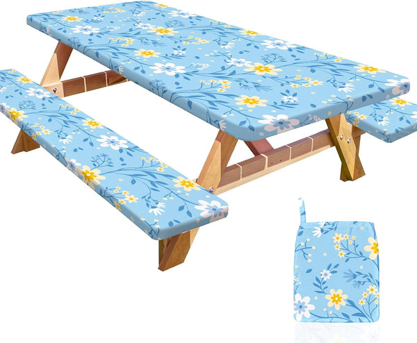 HobbLab Picnic Table Cover with Bench Covers Portable Table Cloth Built-in Storage Pocket