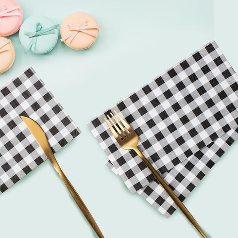 Hunanyume 100 Pack 3 Black and White Gingham Napkins - Ply Disposable Buffalo Plaid Checkered Dinner Napkins, Guest